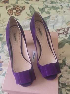 Miu Miu Violet Suede Peep-Toe Pumps with Bow